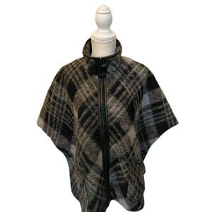 Vtg Gray And Black Plaid Full Zip Short Sleeve High Neck Shawl Size M By Revue